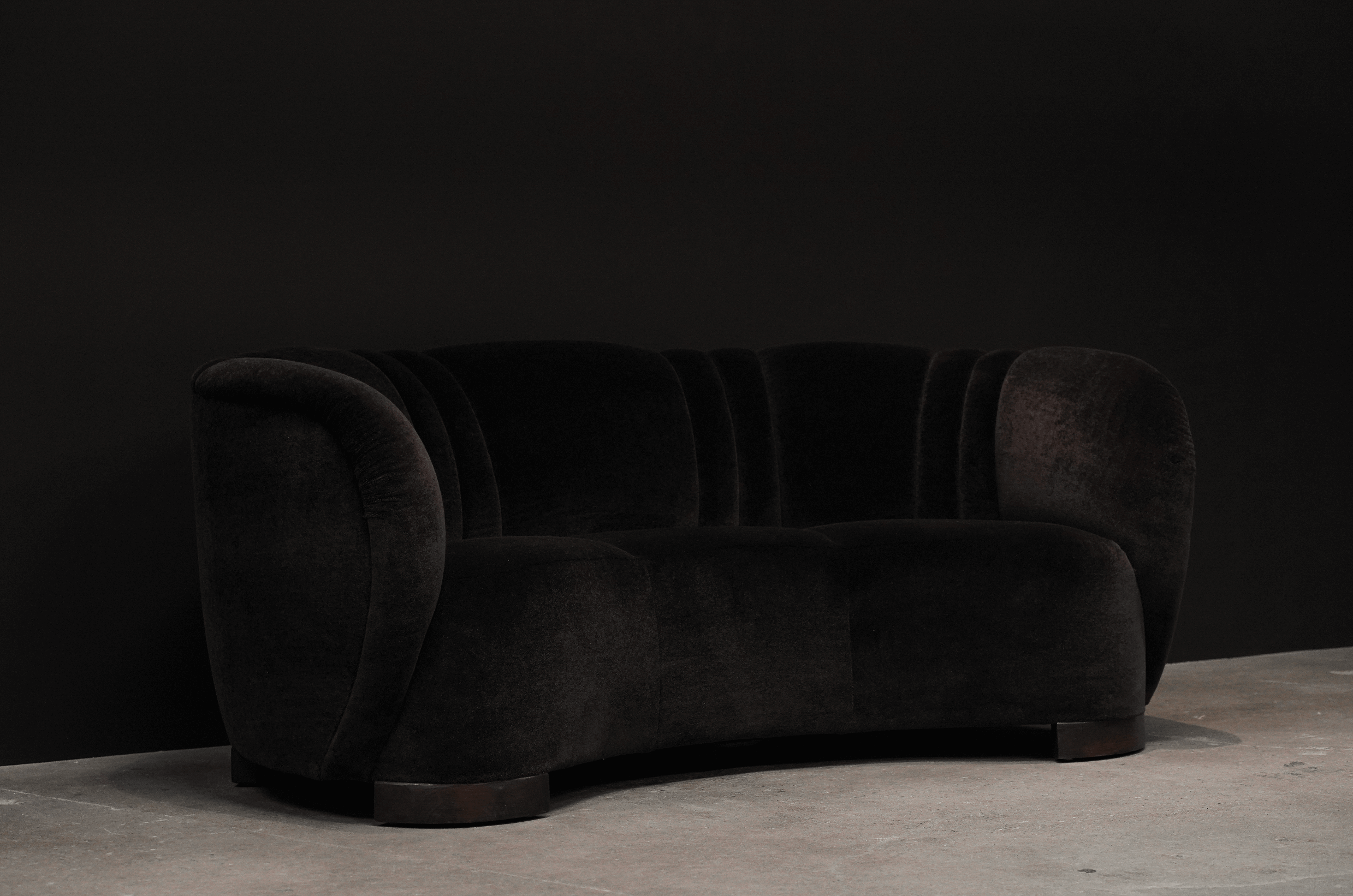 Danish Curved Sofa in Dark Brown Mohair