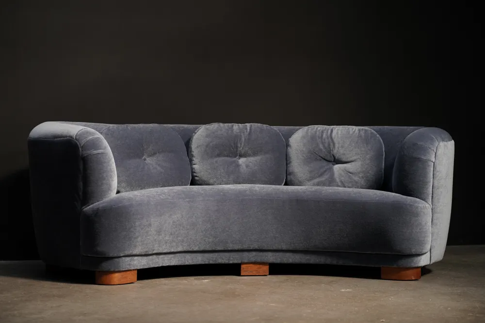 Danish Curved Sofa, Blue Mohair
