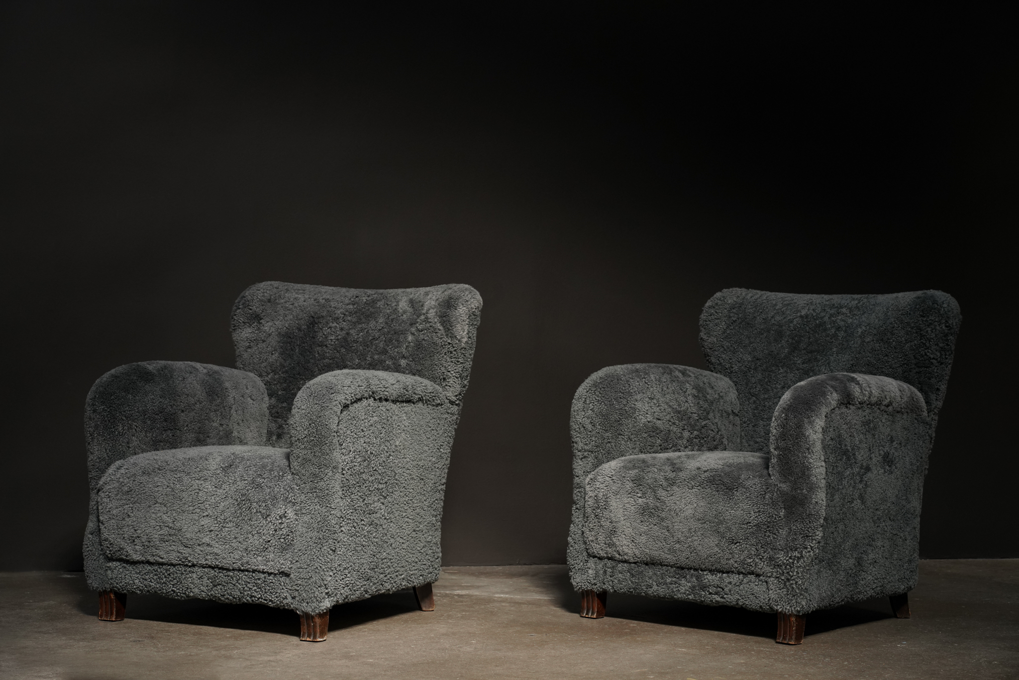 Blue Shearling Lounge Chairs, Pair 