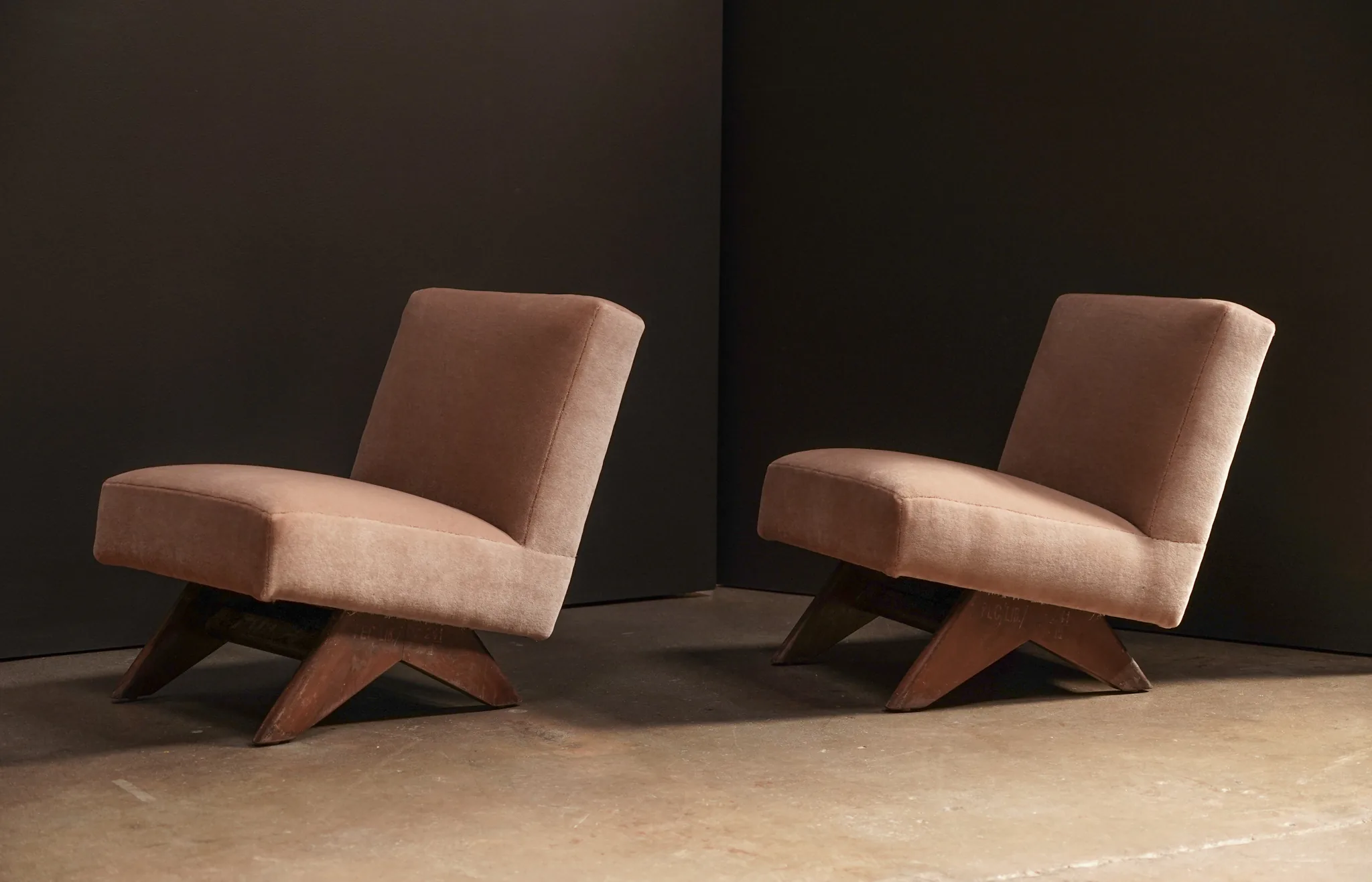 Pierre Jeanneret Fireside Chairs, Pair - Fawn Mohair