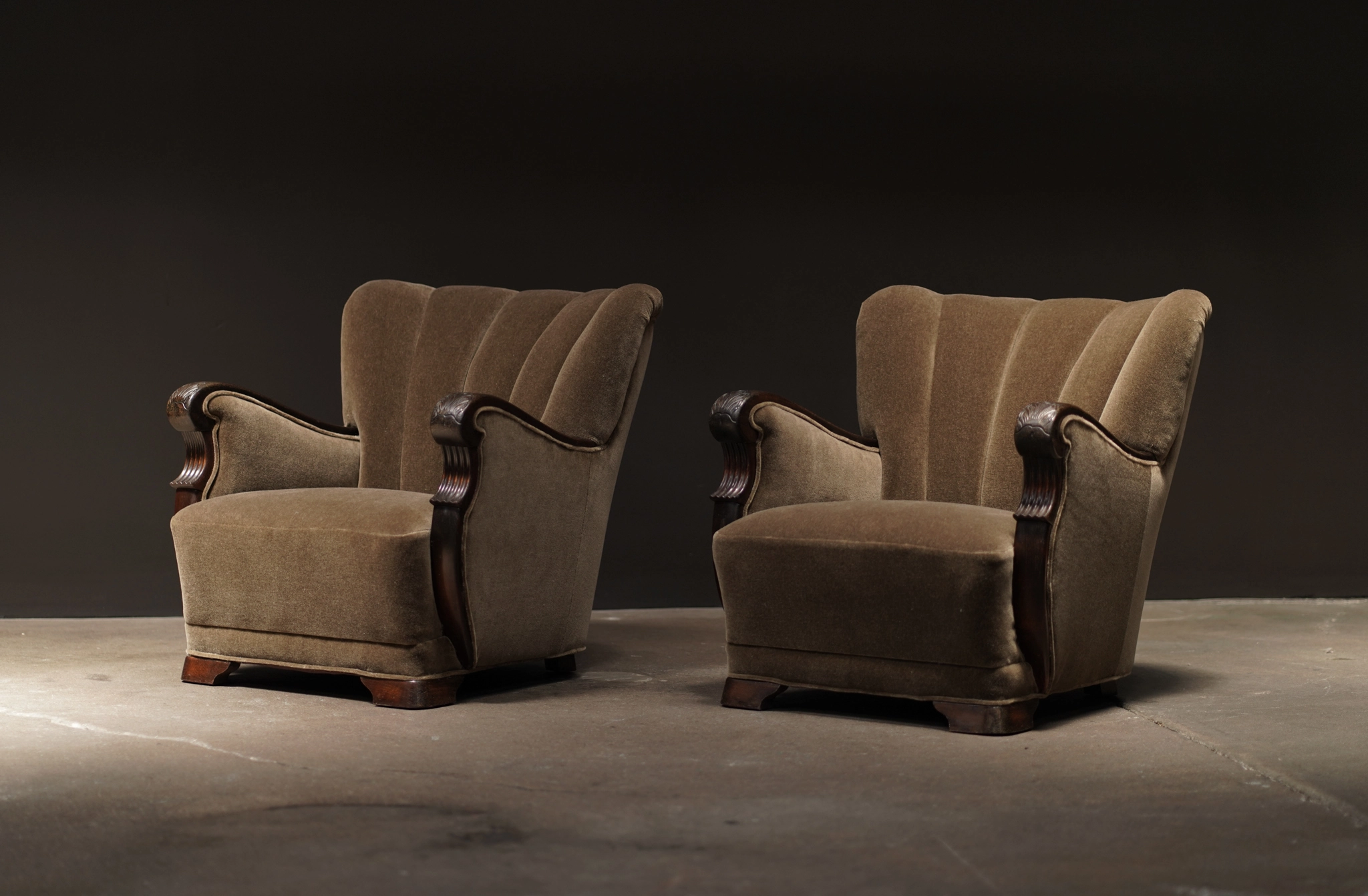 Pair of Ornate Wood Detail Lounge Chairs, Mohair